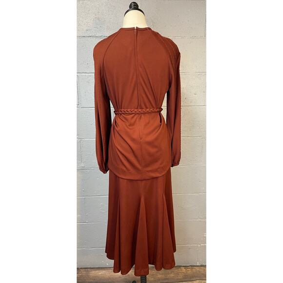 Vtg 70s Russet Brown Knit Polyester 3 Piece Pleated Skirt Set Tunic Keyhole Neck - Picture 7 of 11